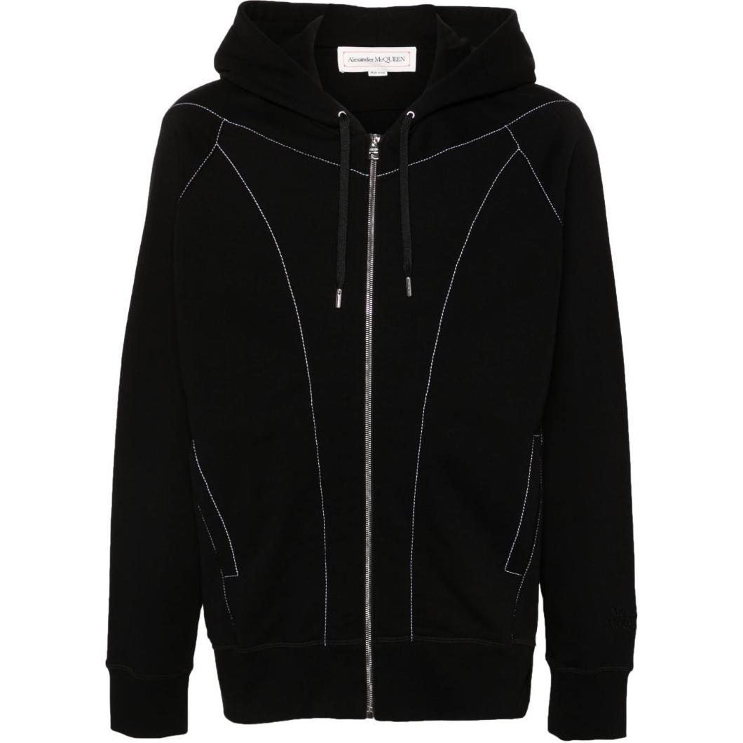 Alexander McQueen SS24 Black Contrast-Stitch Hooded Zip-Up Jacket 794453-QXAAC-1000