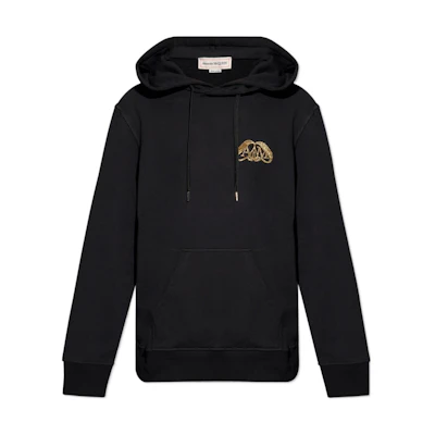 Alexander McQueen SS24 Black Drawstring Hoodie with Micro Logo 781955-QXAAG-1000