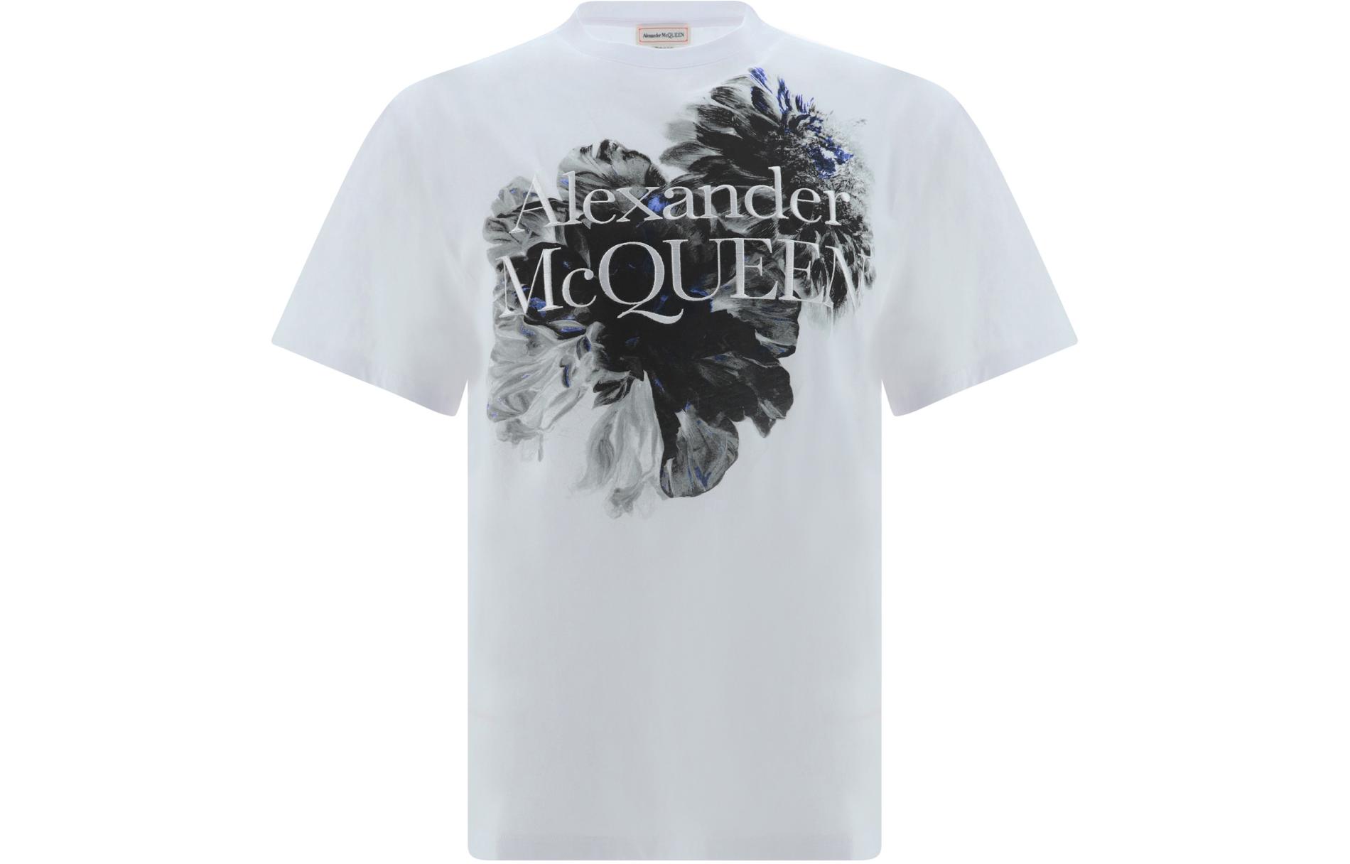 Order Alexander McQueen SS24 Dutch Flower Logo Print Loose Fit White T-Shirt Mens. 781969-QTABD-0909