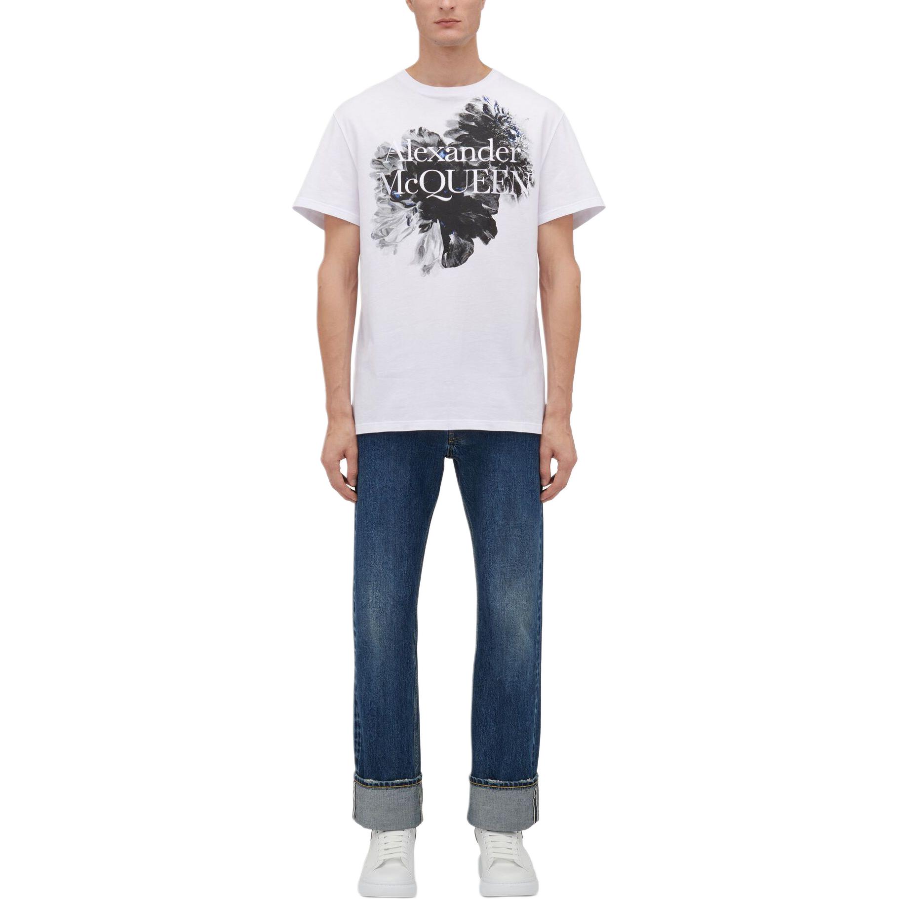 Shop Alexander McQueen SS24 Dutch Flower Logo Print Loose Fit White T-Shirt Mens. 781969-QTABD-0909