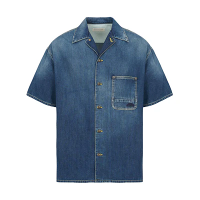 Alexander McQueen SS24 Embroidered Pattern Short Sleeve Shirt Washed Blue 781774-QYAAX-4211
