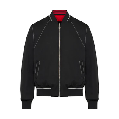 Alexander McQueen Striped Baseball Collar Zip-Up Jacket Black 792076-QUAAG-1000