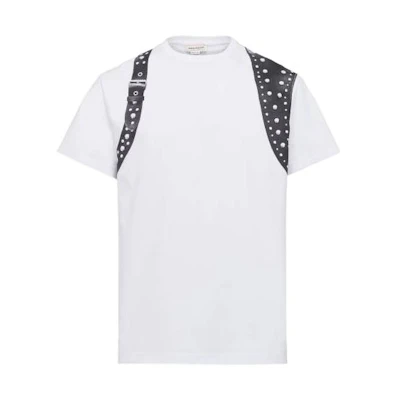Alexander McQueen Studded Harness T-Shirt White Crewneck Tee. 776329-QTAAJ-0909