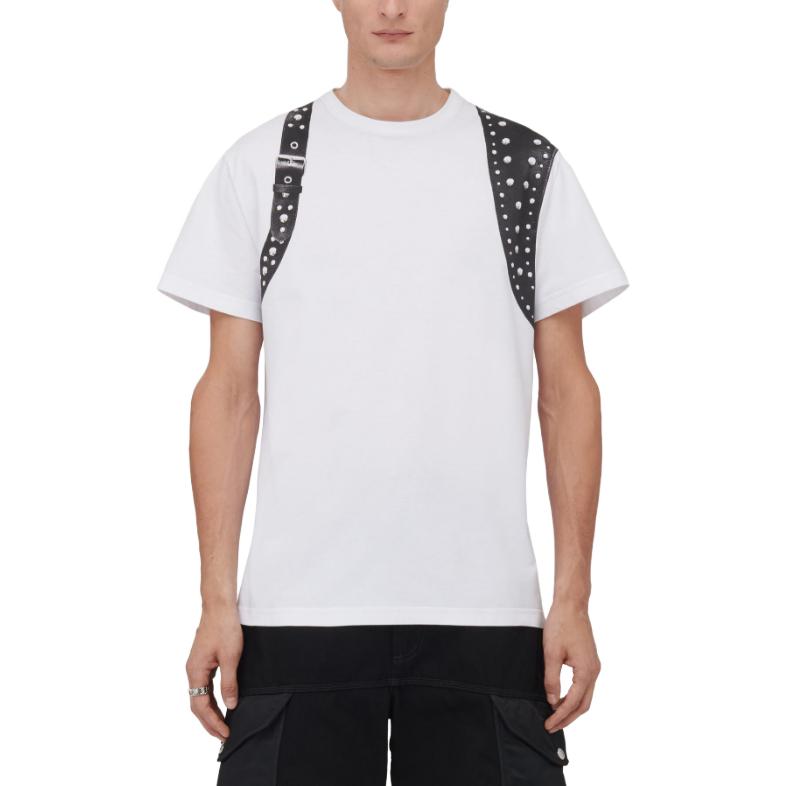 Shop Alexander McQueen Studded Harness T-Shirt White  Crewneck Tee. 776329-QTAAJ-0909