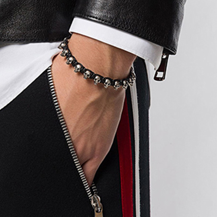 Alexander McQueen Unisex Woven Skull Bracelet Black/Silver 554660-J16KY-1000 圖 4