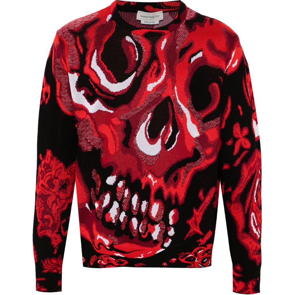 Alexander McQueen Wax Flower Skull Jacquard Crewneck Sweatshirt Black/Red 795771-Q1A94-1018