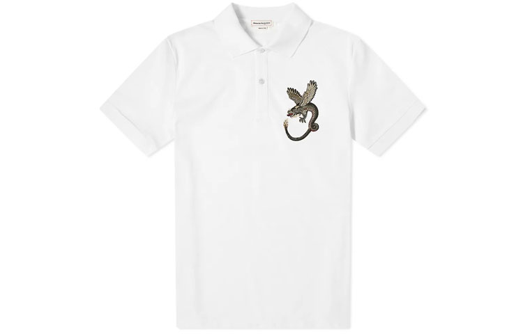 Alexander McQueen White Dragon Embroidered Cotton Polo Shirt 609601-QOX33-9000