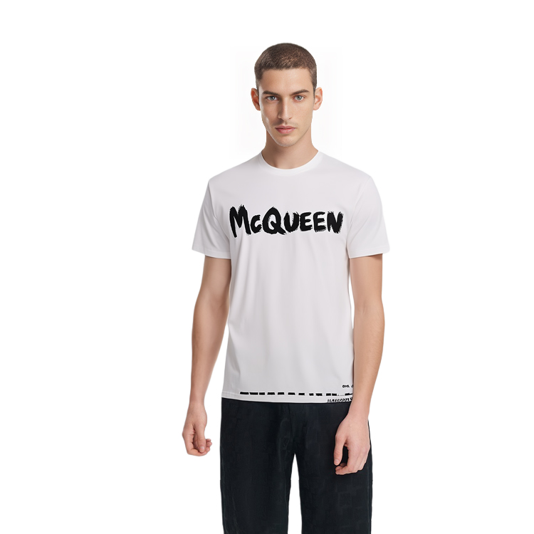 Shop Alexander McQueen White Letter Print Crewneck Regular Fit T-Shirt. 622104-QPZ57-0900