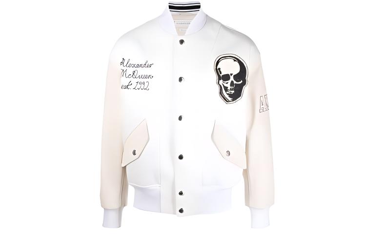 Alexander McQueen White Logo Skull Print Button-Up Bomber Jacket 684334-Q5HVZ-9166