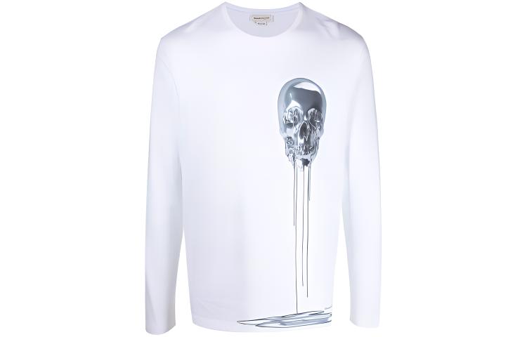 Alexander McQueen White Skull Print Long Sleeve Crew Neck T-Shirt. 631382-QPZ86-0900