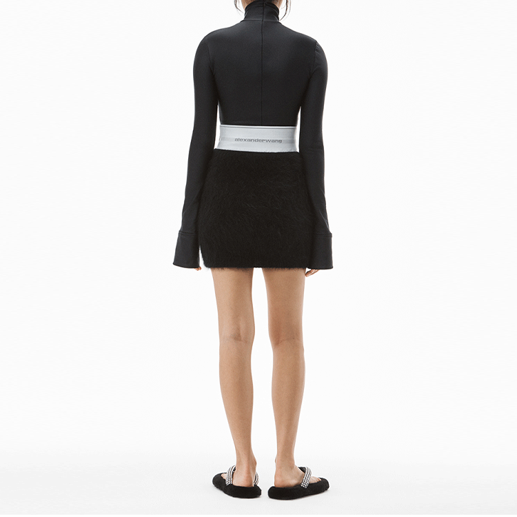Shop Alexander Wang FW21 Skirt Mini Hitam Logo Elastik Berjenama 1KC4215045-001