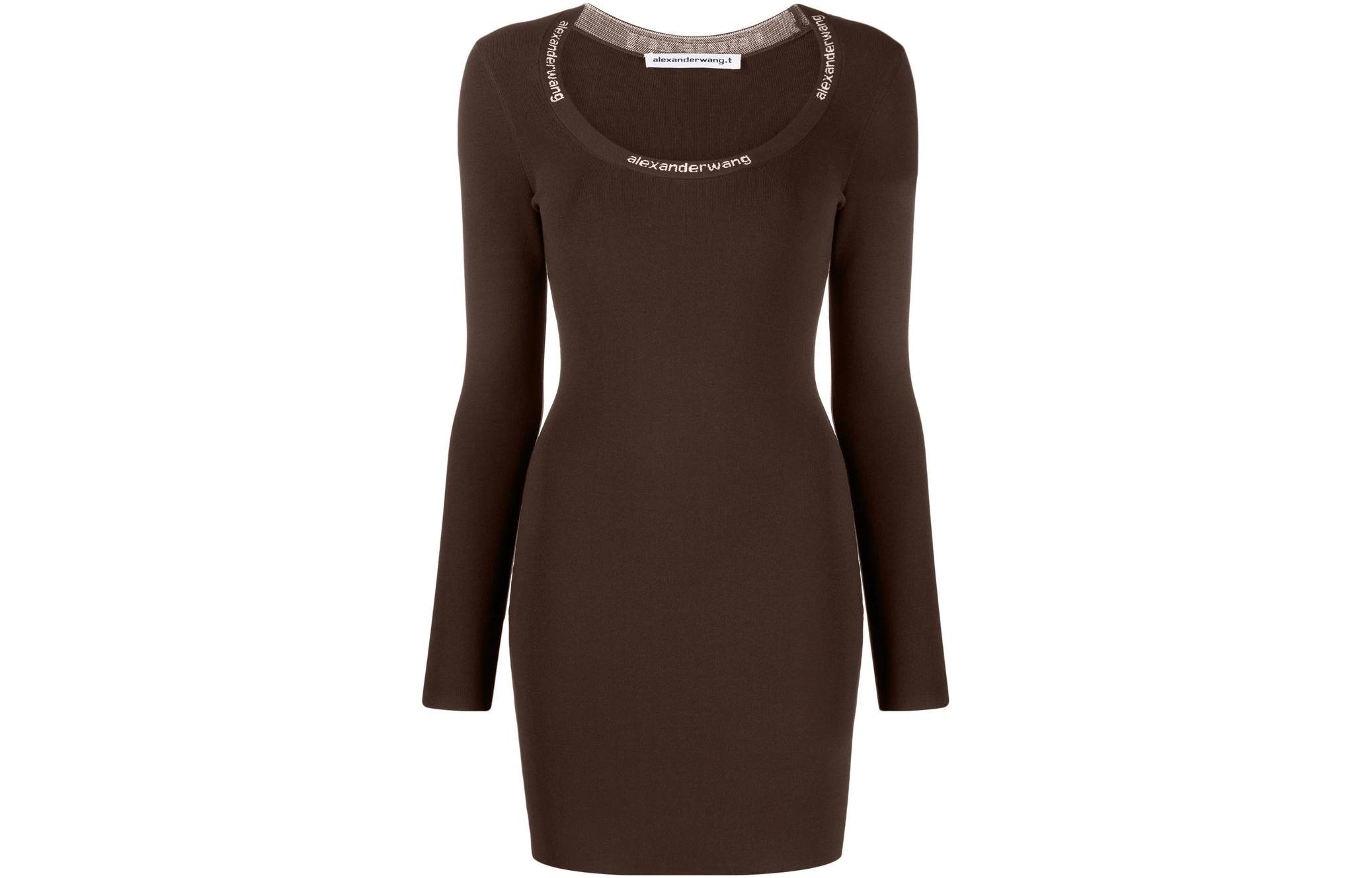 Alexander Wang FW22 Brown Long-Sleeve Logo Trim Crewneck Dress 4KC4216032-204