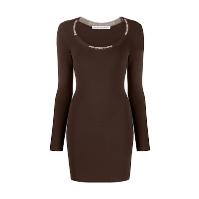 Alexander Wang FW22 Brown Long-Sleeve Logo Trim Crewneck Dress 4KC4216032-204