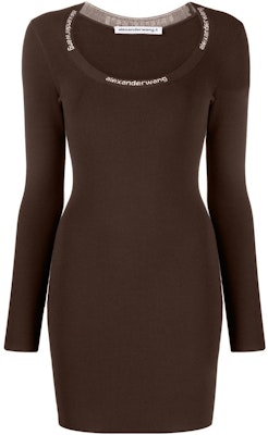 アレキサンダー ワンFW22 ブラウン ロングスリーブ ロゴトリム クルーネック ドレス 4KC4216032-204 Order アレキサンダー ワンFW22 ブラウン ロングスリーブ ロゴトリム クルーネック ドレス 4KC4216032-204