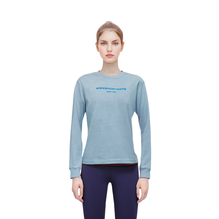 Cheap 亚历山大·王 FW23 标志闪亮水洗长袖T恤 浅蓝色 男女同款 UCC32316434-51A