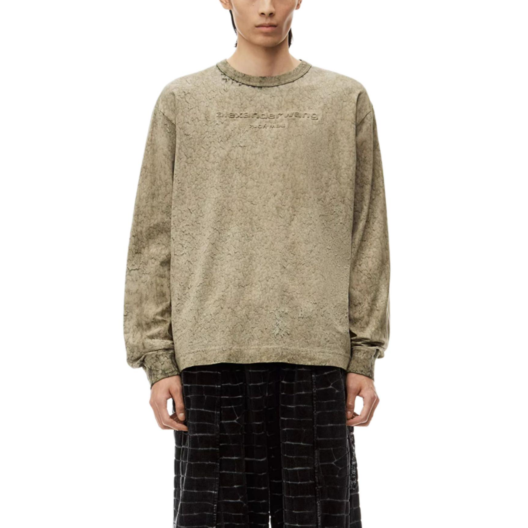 Lookbook Alexander Wang Logo Embossed Splatter Print Long Sleeve T-Shirt Moss Green Unisex UCC3241703318
