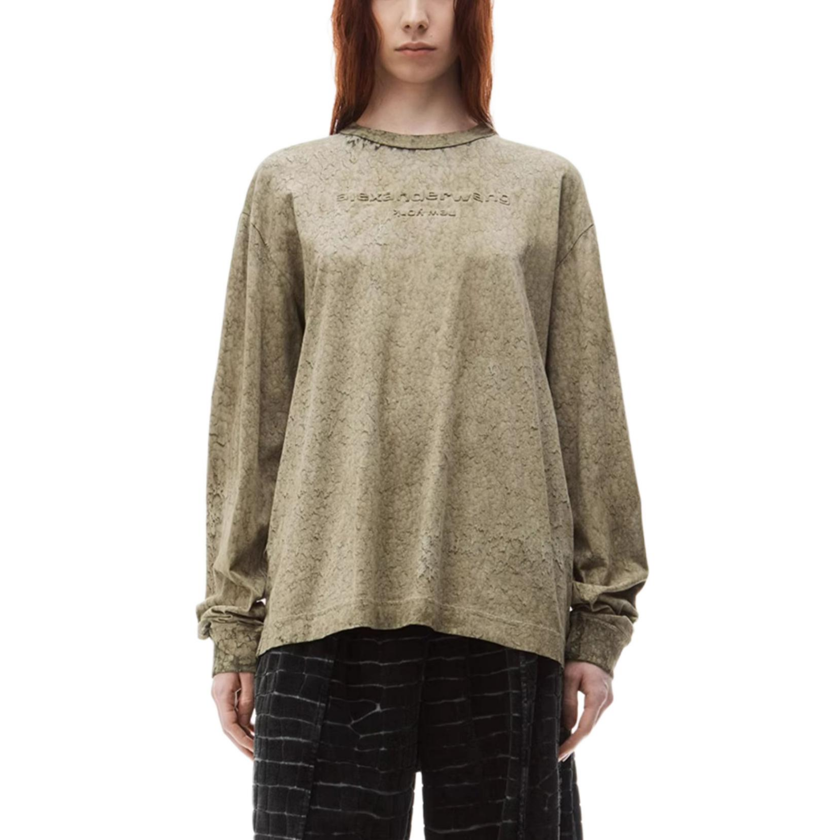 Purchase Alexander Wang Logo Embossed Splatter Print Long Sleeve T-Shirt Moss Green Unisex UCC3241703318