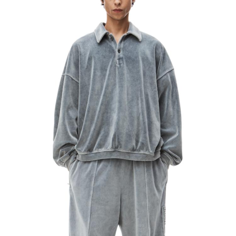 Lookbook Alexander Wang Logo Embossed Velvet Long Sleeve Polo Shirt Men’s Grey 6CC12410290-96A