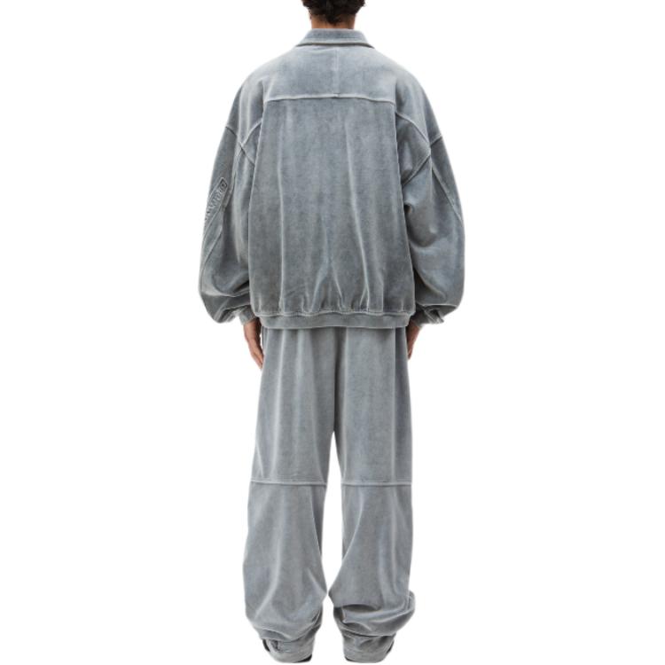 Shop Alexander Wang Logo Embossed Velvet Long Sleeve Polo Shirt Men’s Grey 6CC12410290-96A