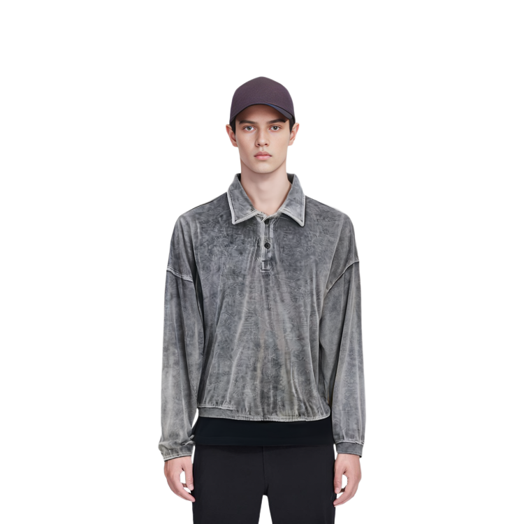 Sizing Alexander Wang Logo Embossed Velvet Long Sleeve Polo Shirt Men’s Grey 6CC12410290-96A