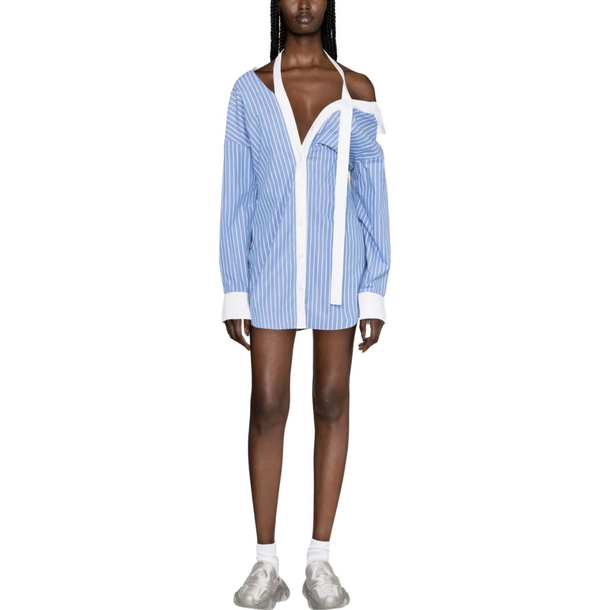 Lookbook Alexander Wang Gaun Kemeja Off-Shoulder Garis Lengan Panjang Biru Langit. 4WC3236224