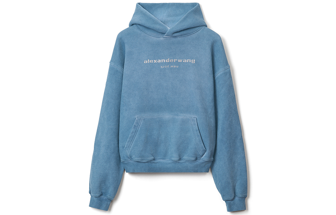 Alexander Wang SS22 Crystal Logo Velvet Hoodie Unisex Blue Pearl UCC2221518-475