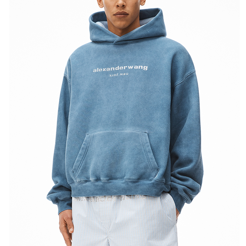 Shop Alexander Wang SS22 Crystal Logo Velvet Hoodie Unisex Blue Pearl UCC2221518-475