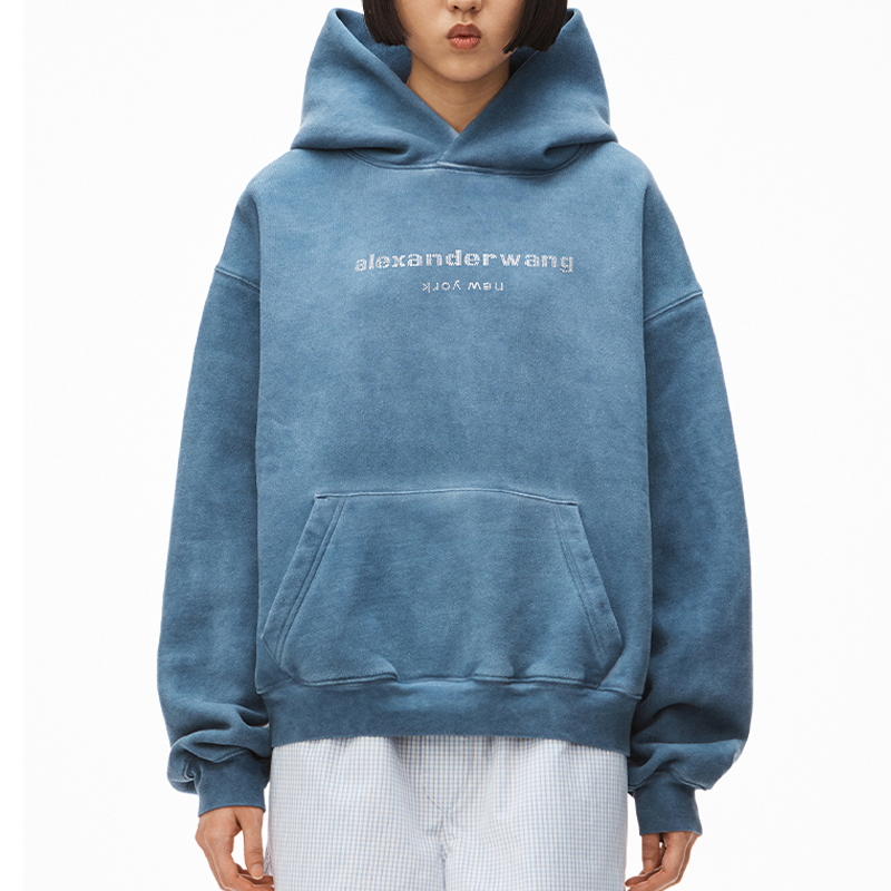 Purchase Alexander Wang SS22 Crystal Logo Velvet Hoodie Unisex Blue Pearl UCC2221518-475