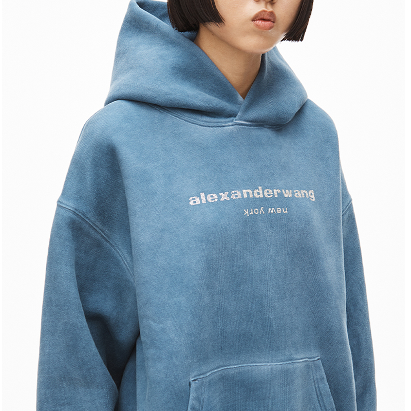 Details for Alexander Wang SS22 Crystal Logo Velvet Hoodie Unisex Blue Pearl UCC2221518-475