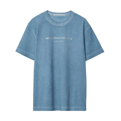 Alexander Wang SS22 Rhinestone Logo Knit Unisex T-Shirt Blue Pearl. UCC2221517-475