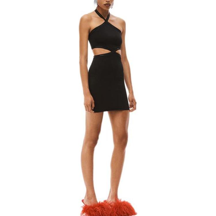 Lookbook Alexander Wang SS23 Dress Hitam Knit Logo Halter Neck Cut-Out. 4KC1236038-001