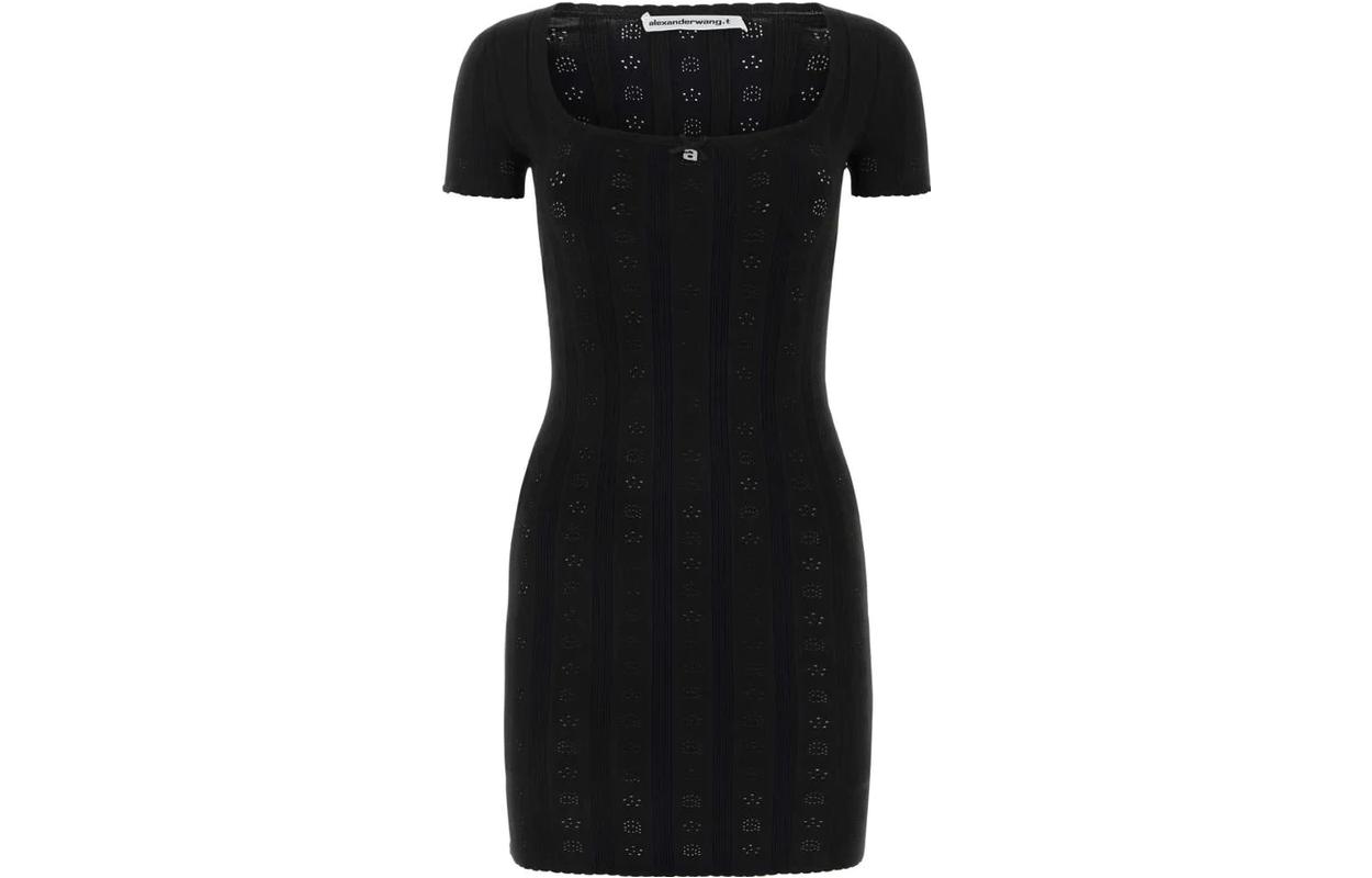 Alexander Wang SS23 Black Square Neck High-Waist Fitted Short Sleeve Dress 4KC3236020001