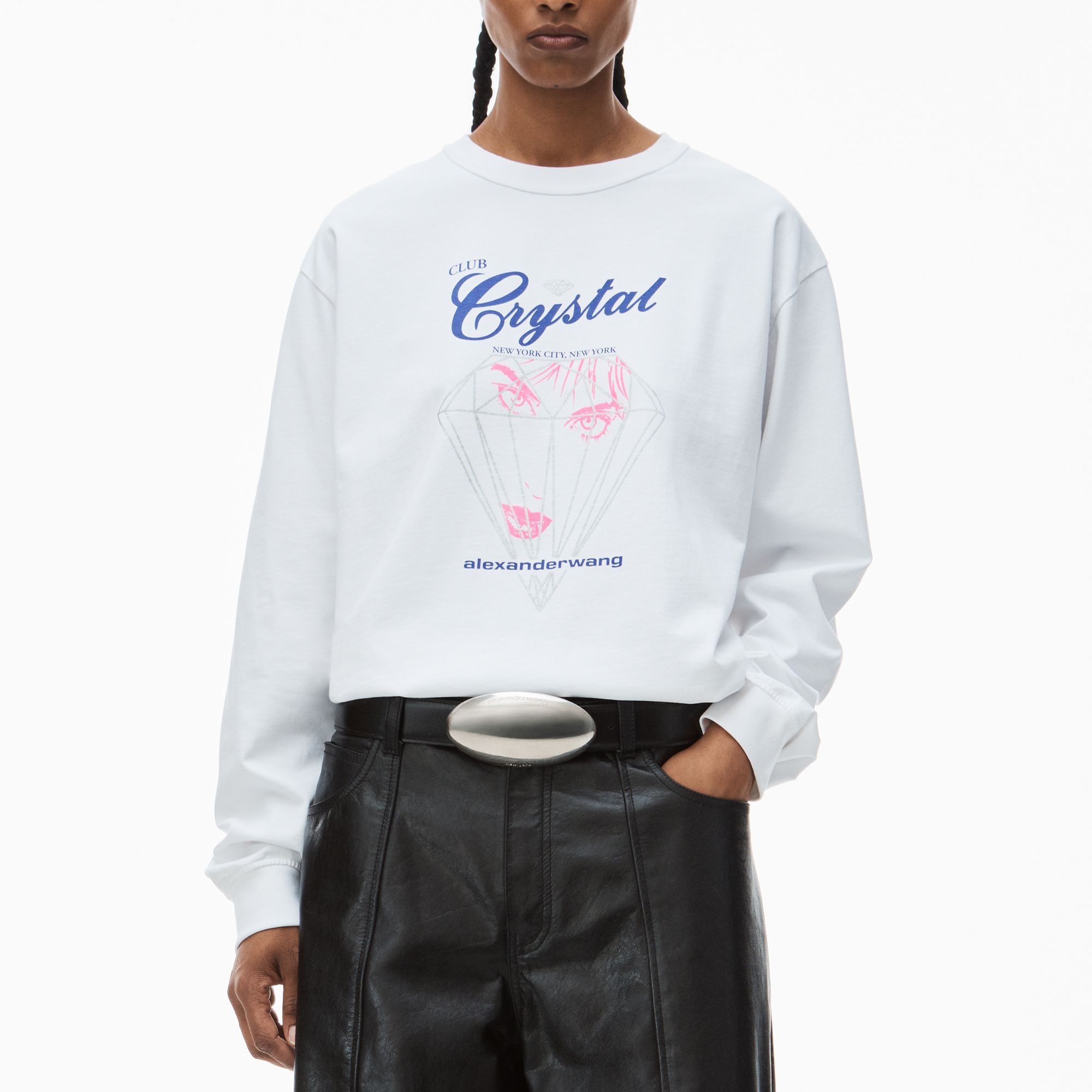 Shop Alexander Wang SS24 Oversized Letter Crewneck Long Sleeve T-Shirt Bright White Unisex UCC1241692-111