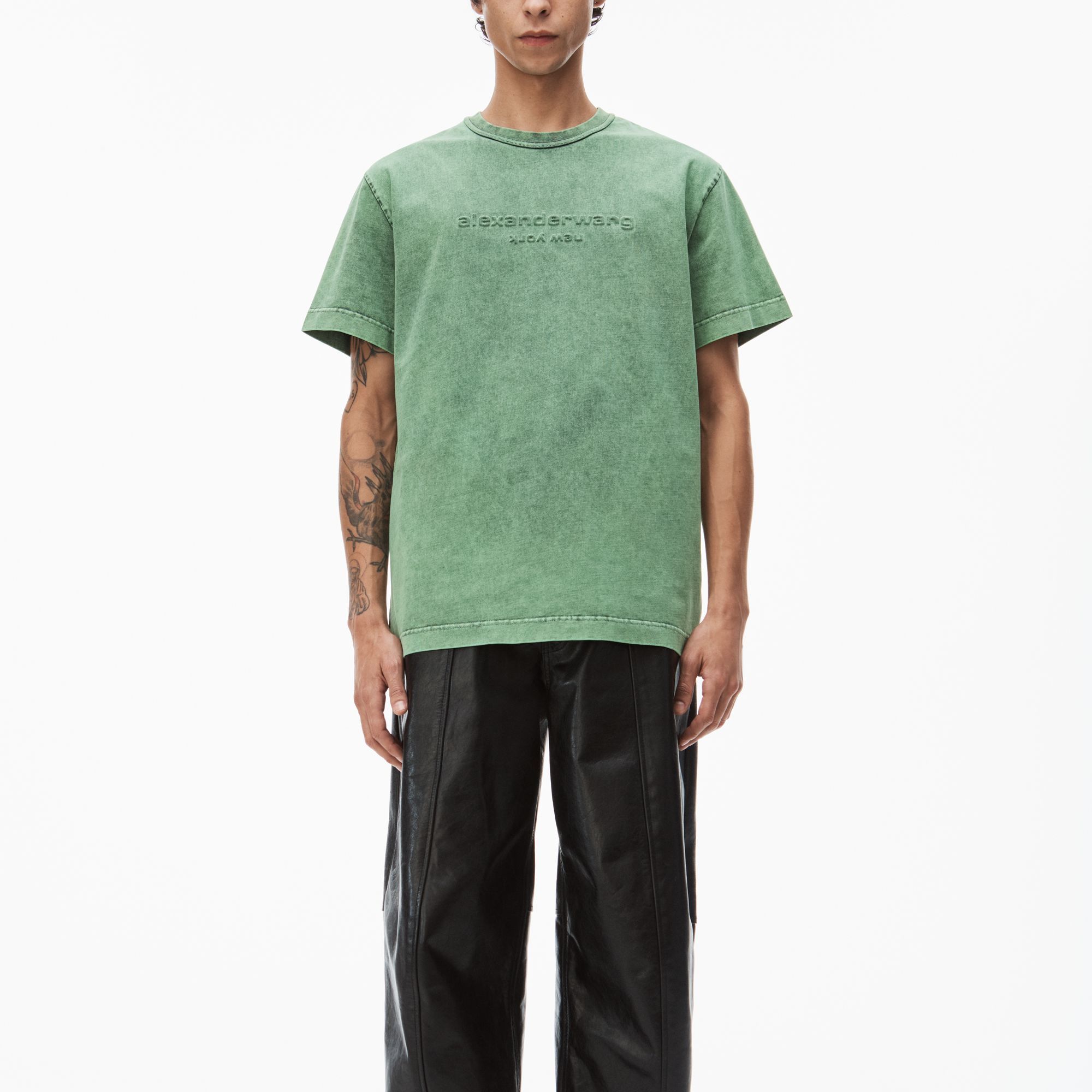 Lookbook 亚历山大王 SS24 男女同款蕨绿色罗纹宽松针织T恤 UCC12416973-58A