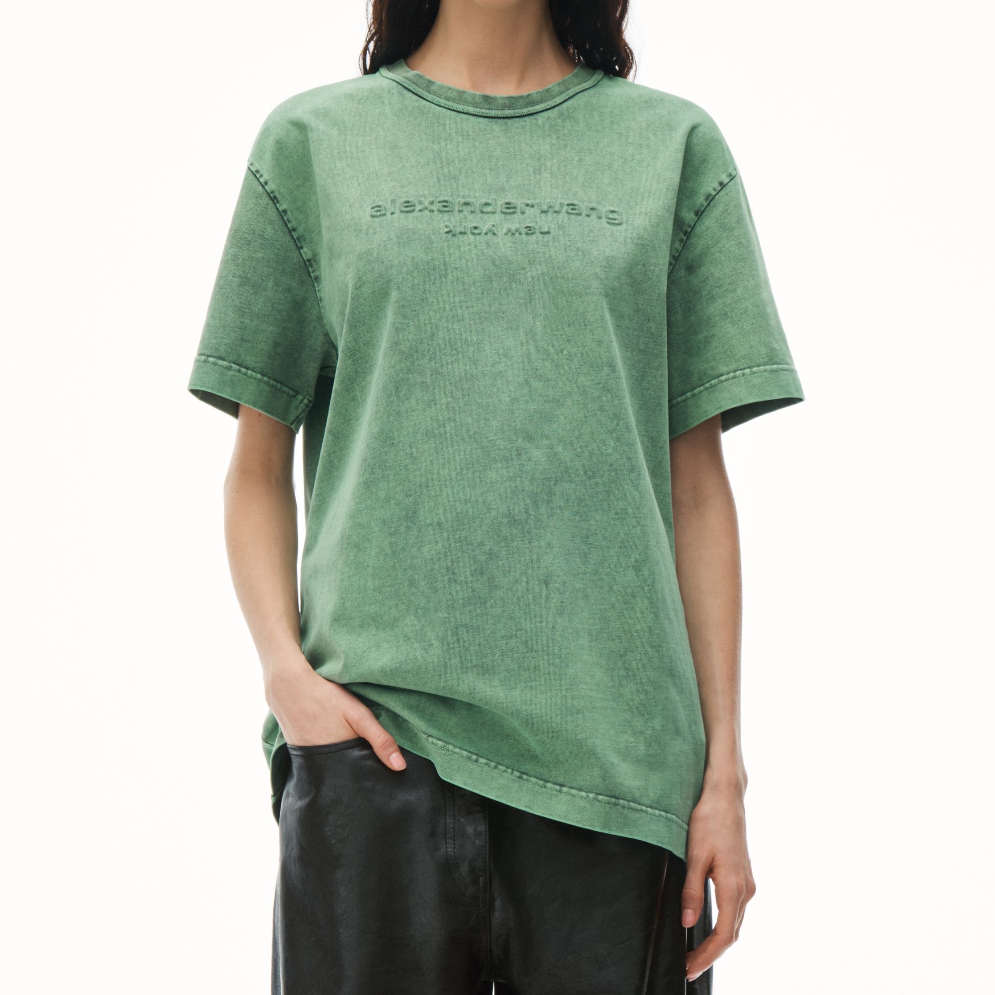 Shop 亚历山大王 SS24 男女同款蕨绿色罗纹宽松针织T恤 UCC12416973-58A