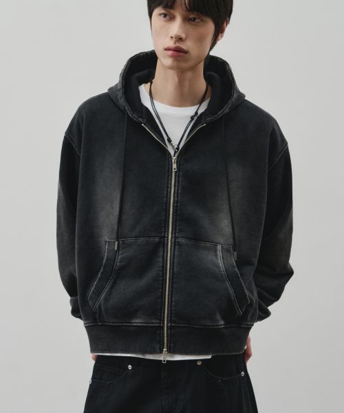 ALICE [Renewal] Plain Pigment Crop Hoodie Zip-Up [Washed Black] ALSTS6169WB