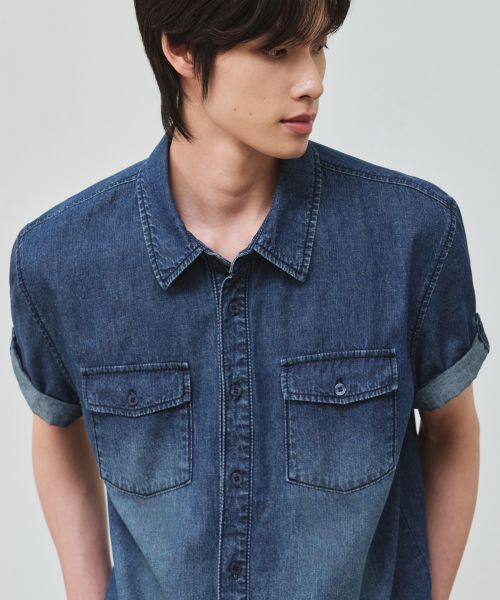 ALICE Linen Denim Two-Pocket Roll-Up Crop Half Shirt [Mid Blue] ALSSH6223MB