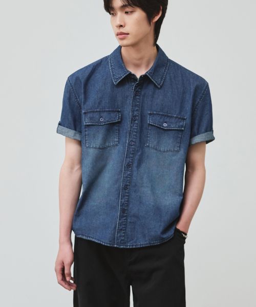 Order ALICE Linen Denim Two-Pocket Roll-Up Crop Half Shirt [Mid Blue] ALSSH6223MB