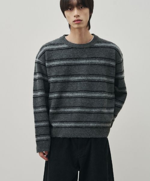 Alice Wool Brushed Striped Round Crop Knit Sweater [Charcoal] ALSKN6383CH