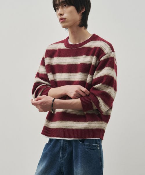 Alice Wool Brushed Striped Round Cropped Knit [Burgundy] ALSKN6383BR