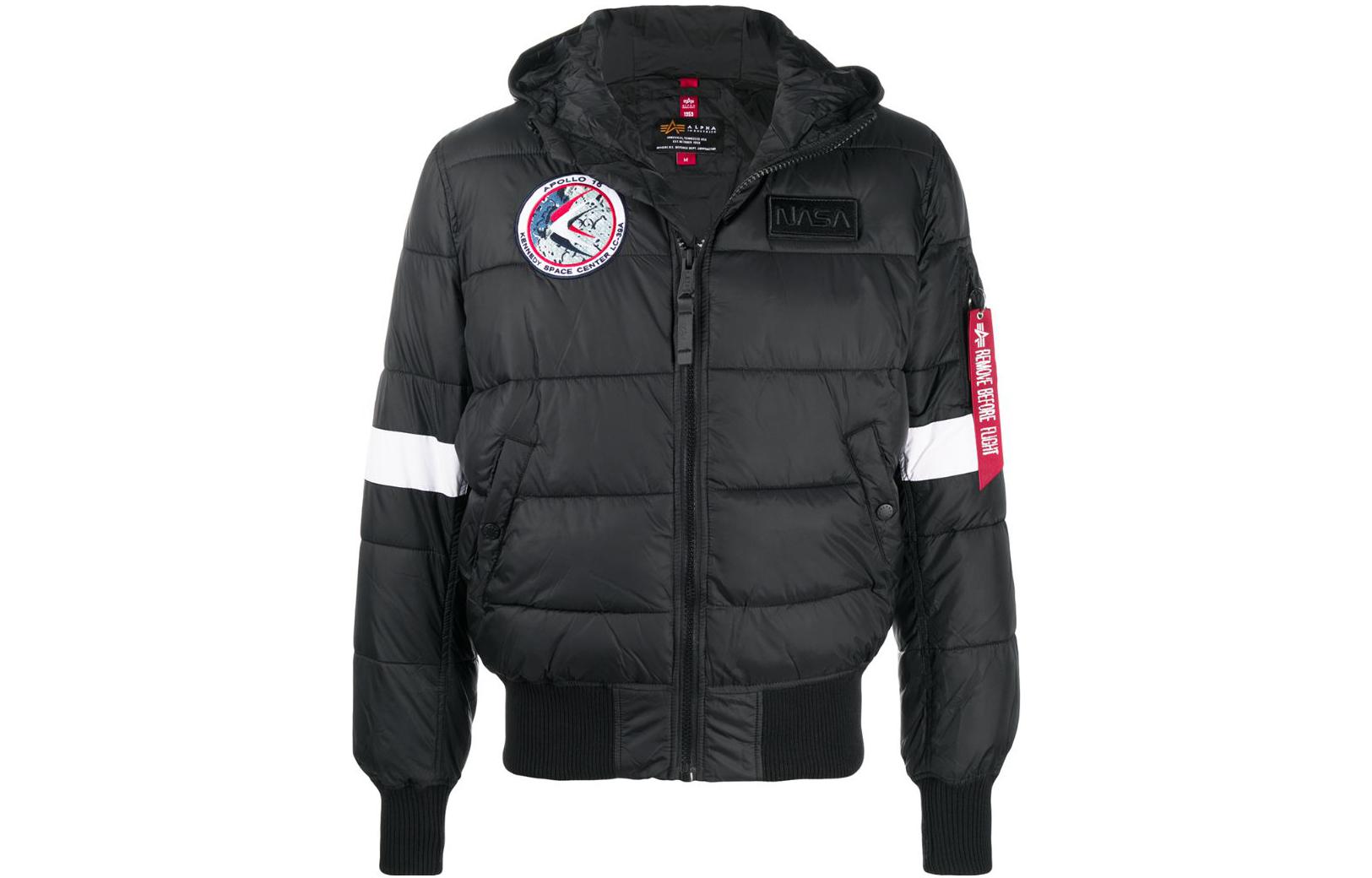 Alpha Industries FW22 Black Logo Embroidered Striped Quilted Hooded Jacket Men 19812103-BLACK