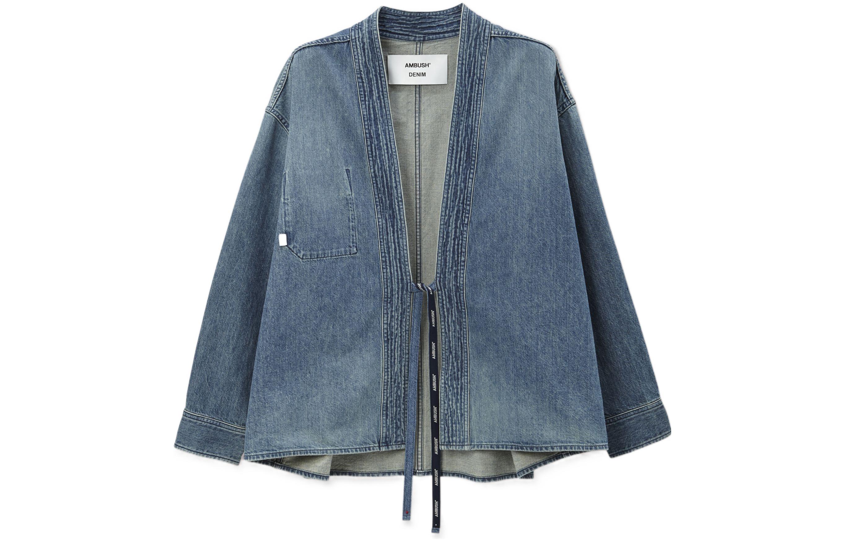 Ambush FW21 Denim Jacket Mid Blue with Strap Closure and Crochet Design BMYD002S21DEN0014500