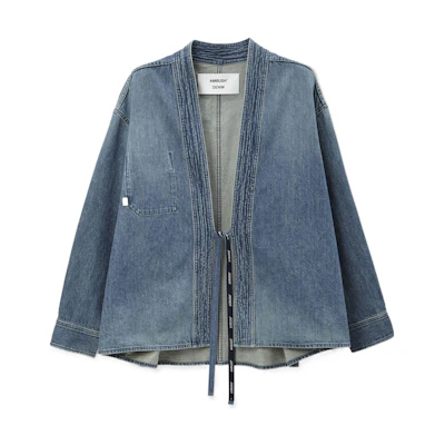Ambush FW21 Denim Jacket Mid Blue with Strap Closure and Crochet Design BMYD002S21DEN0014500