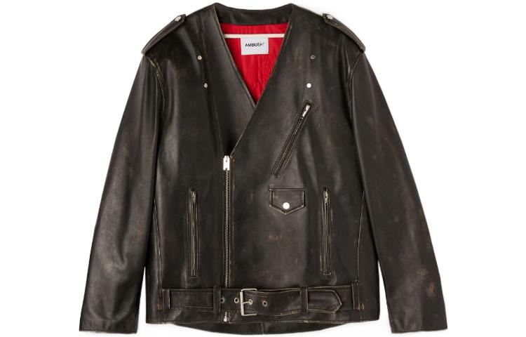 Ambush FW22 Black Leather Multi-Zip V-Neck Jacket for Men BMJG004F22LEA0011000