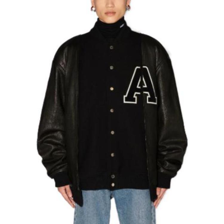 Lookbook AMBUSH FW23 Unisex V-Neck Single-Breasted Baseball Jacket Black. BMJA022F23LEA0011010