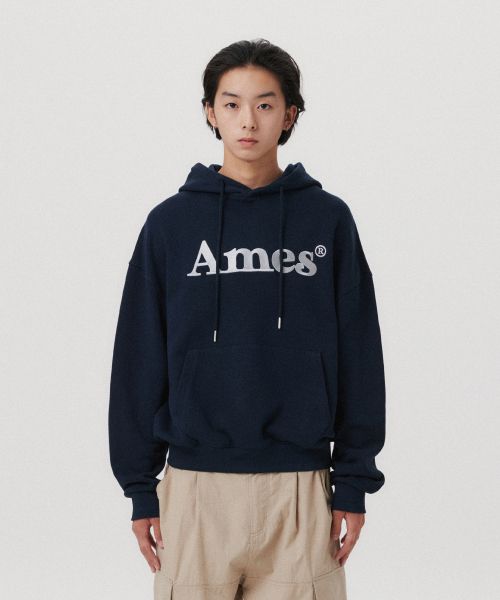 Shop Ames Worldwide Basic Logo Hoodie Navy Blue AM2EFUM410ANV