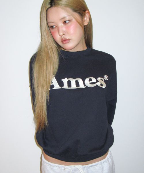 Shop Ames Worldwide Basic Logo Sweatshirt Navy Blue AM2EFUM450ANV