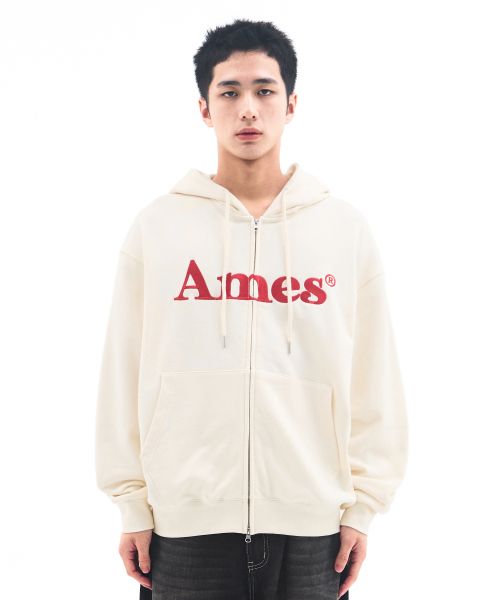 Shop Ames Worldwide Basic Logo Zip-Up Hoodie Cream AM2EFUM481ACR