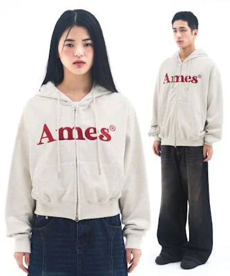 AMES WORLDWIDE Basic Logo Zip-Up Hoodie Oatmeal AM2EFUM481AOT 3