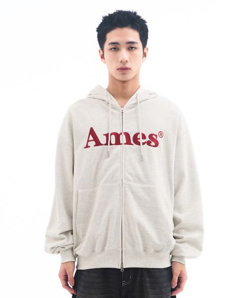 Shop AMES WORLDWIDE Basic Logo Zip-Up Hoodie Oatmeal AM2EFUM481AOT